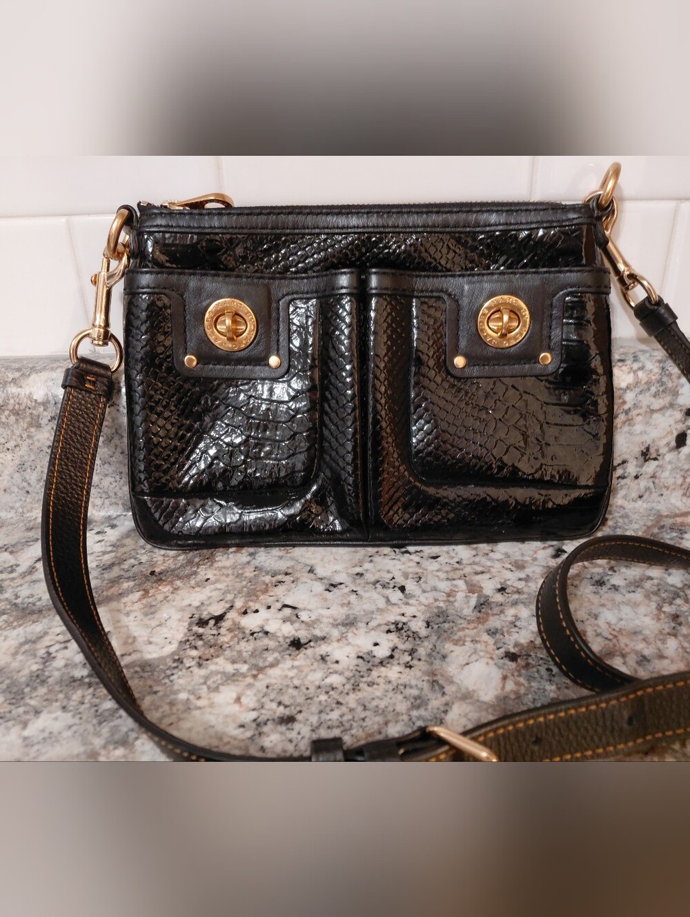 Marc Jacobs Black Percy Turnlock Leather Croc-Embossed Crossbody Gold Hardware